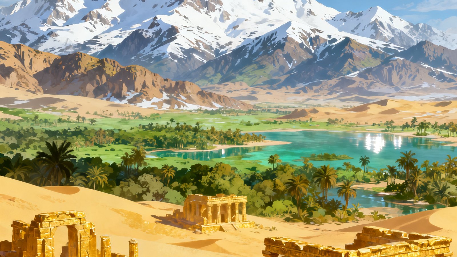 游戏中的开放世界地图展示，前景是金色沙漠中的古代遗迹废墟，中景是郁郁葱葱的绿洲，远景则是白雪覆盖的连绵山脉，天空中鹰隼盘旋，整个画面展现了无缝连接的多元地形。