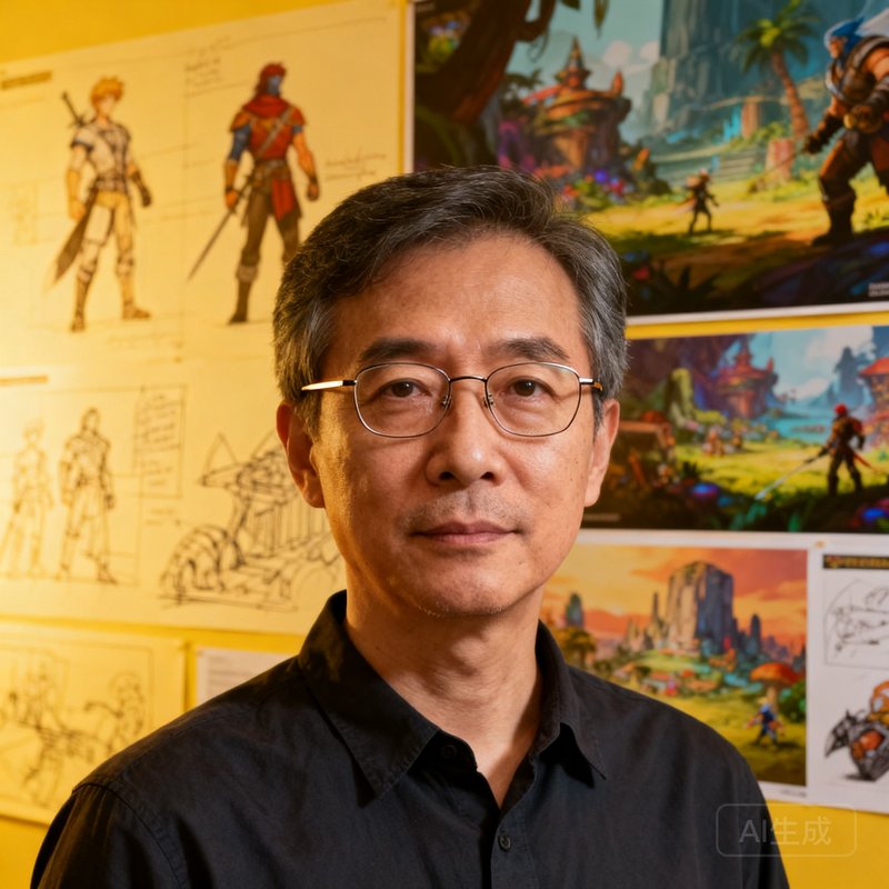 7790必发集团创始人兼CEO林泽宇——一位四十岁出头的男性，戴着细框眼镜，穿着简约的深色衬衫，站在游戏概念艺术墙前，眼神中透露出对游戏创作的坚定与热情。