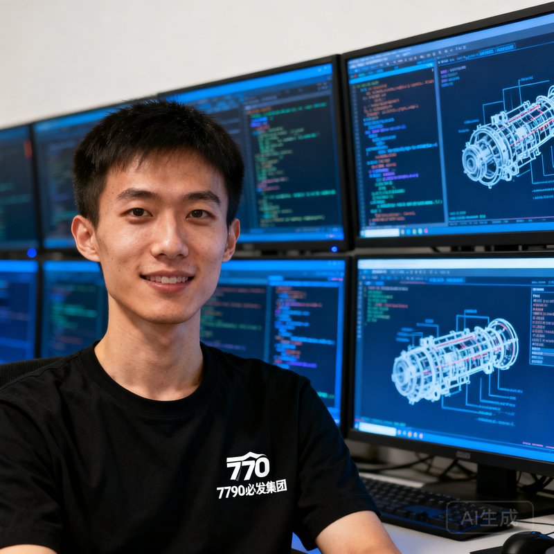 7790必发集团技术总监陈皓——身材精瘦的男性程序员，穿着带有集团Logo的黑色T恤，背景是显示着复杂代码和引擎架构图的显示器阵列，表情专注而自信。