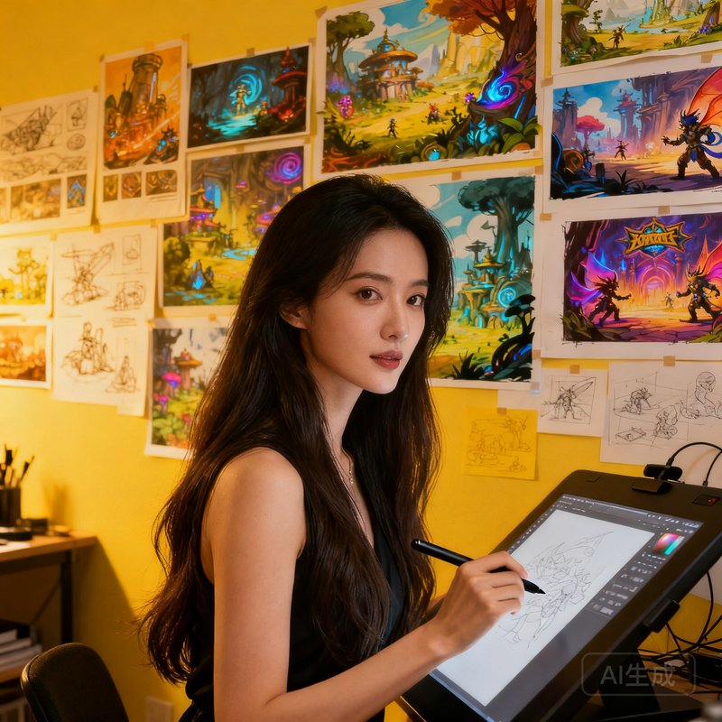 7790必发集团美术总监苏婉清——一位气质优雅的女性艺术家，长发披肩，手持数位笔站在绘图板前，身后墙上贴满了游戏概念设计稿和场景原画，色彩斑斓充满想象力。